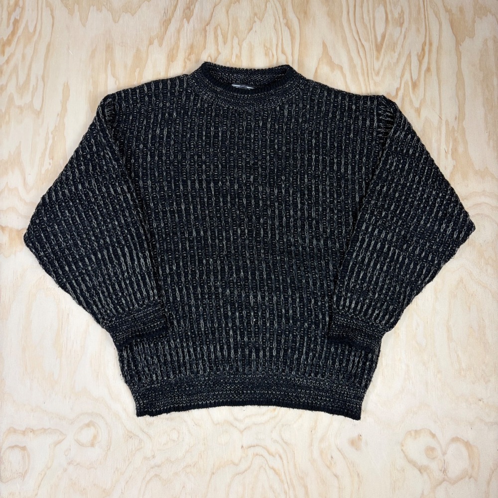 Vintage I.O.U. Mens Medium Ribbed Knit Crewneck Sweater Black Cream Marled IOU